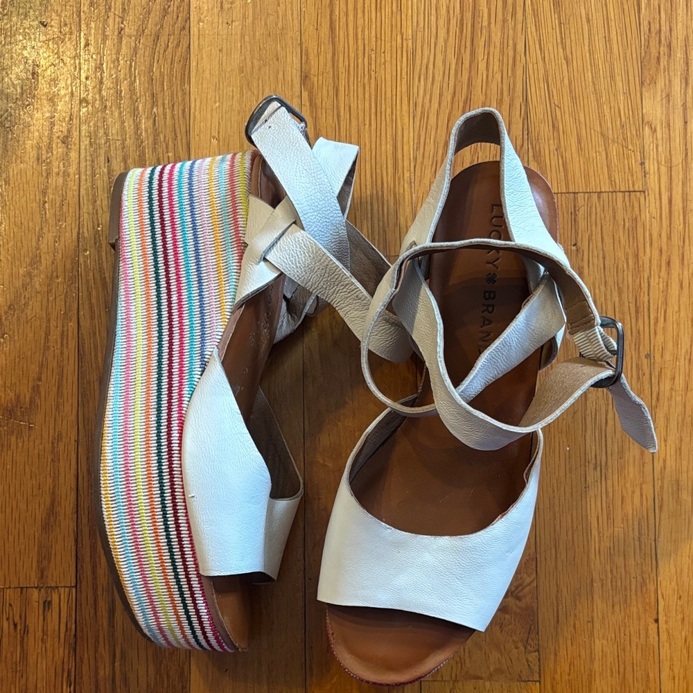 Lucky Brand Cream Multicolor Striped Wedge Wrap Strap Sandals Sz 6